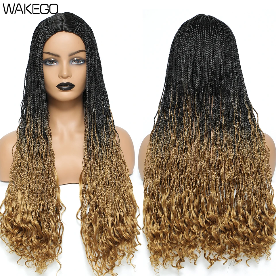 Wakego 26 Inch Knotless Braid Wig With Curly End DIY Braided Wigs Box Braids Wigs For Black Women Synthetic Curly Wig Daily Use