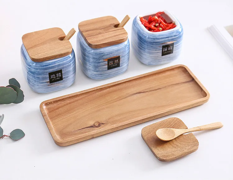 Ceramic Condiment Storage Jar Household Seasoning Pot Bamboo Tray Spice Jar Soy Sauce Box Salt Sugar Can Kitchen Organizer Tools