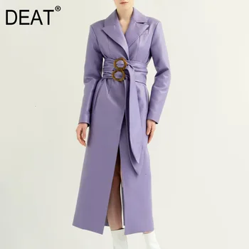 

DEAT 2020 spring turn-down collar full sleeve PU leather high quality waist belts wide circle long windbreaker WK20514L