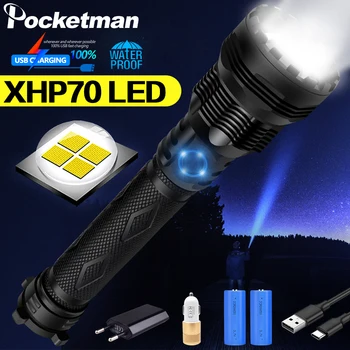 

Strong light XHP70 LED flashlight zoomable hunting torch uses 2x26650 battery with fast charging Type C USB camping hand lamp