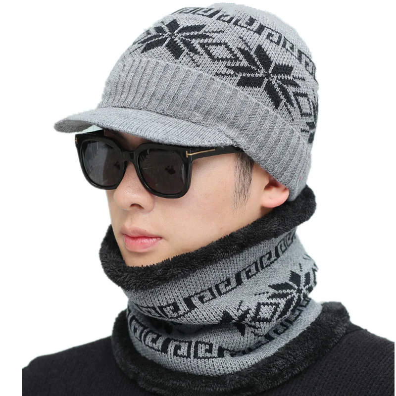 Gray 2pcs / комплект шапка С забралом мода Снежный дизайн шапка мужская и шапка женская зимняя вязание шапки для мужские женские теплый толстый плюс футеровка акрил шапка - Цвет: Gray