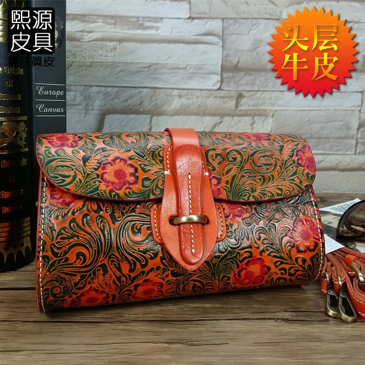 

Origional Handmade WOMEN'S Leather Bags Tree Paste Skeleton-skin People Embossed Family-Style First Layer Cowhide Leather Single