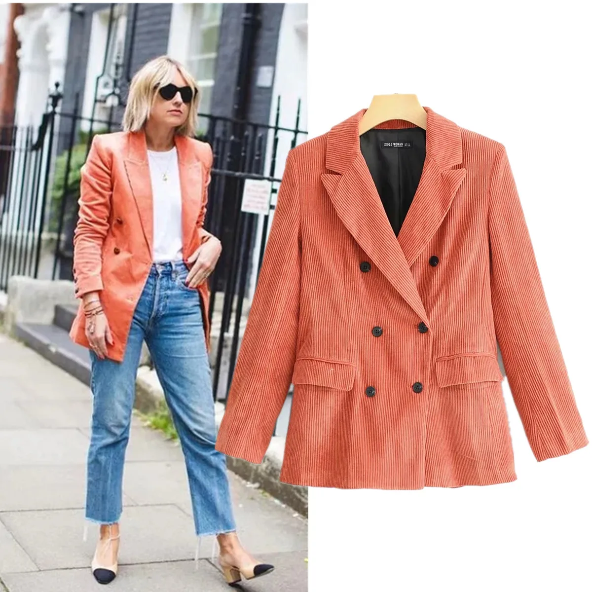 

new Vintage corduroy suit Coat double-breasted suit jacket women blazer dress feminino Office lady Casual blazers and jackets