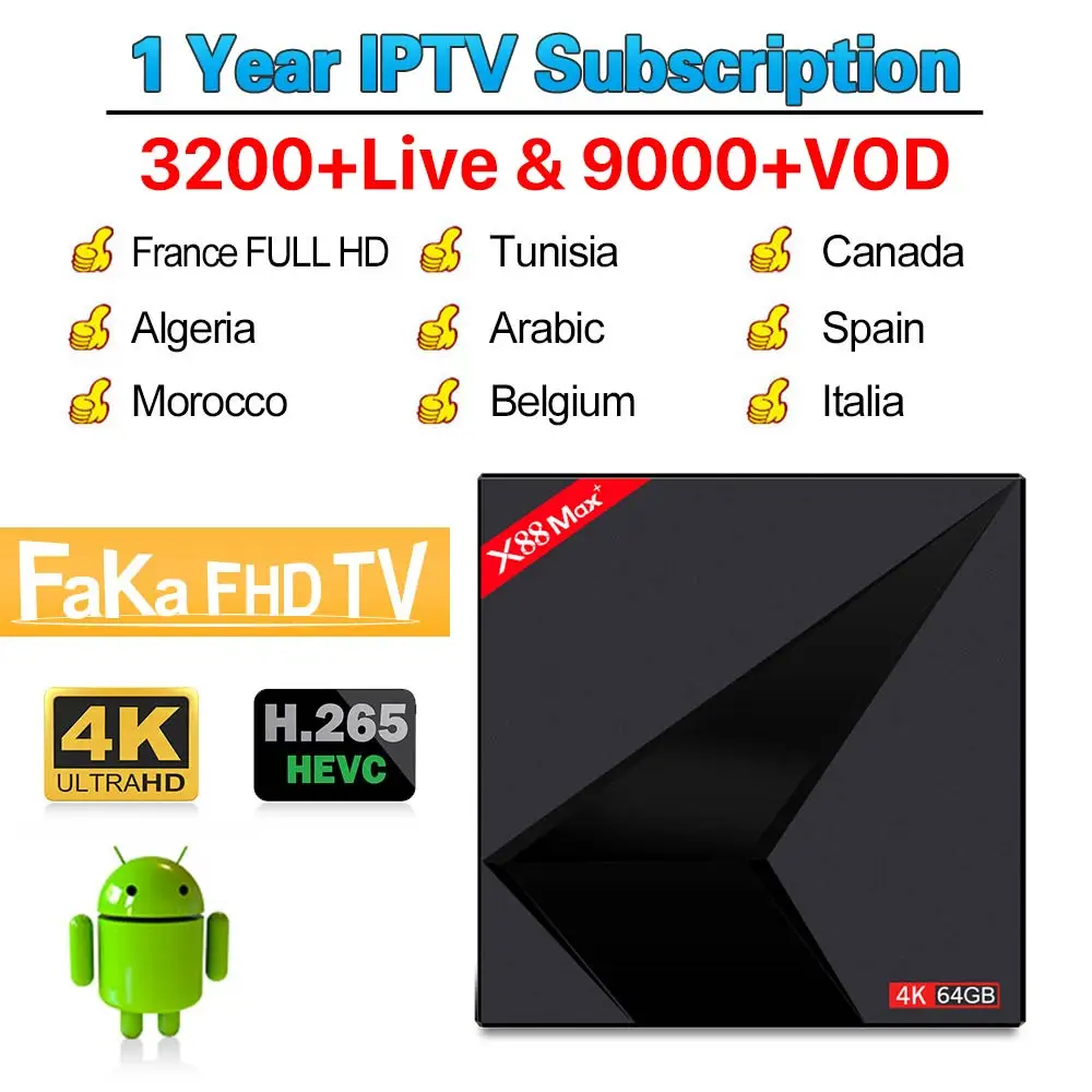 Europe IPTV Subscription Full HD IPTV France Arabic Box X88 MAX Android TV Box 4G 64G UBB3.0 Spain Italy Canada Portugal IP TV