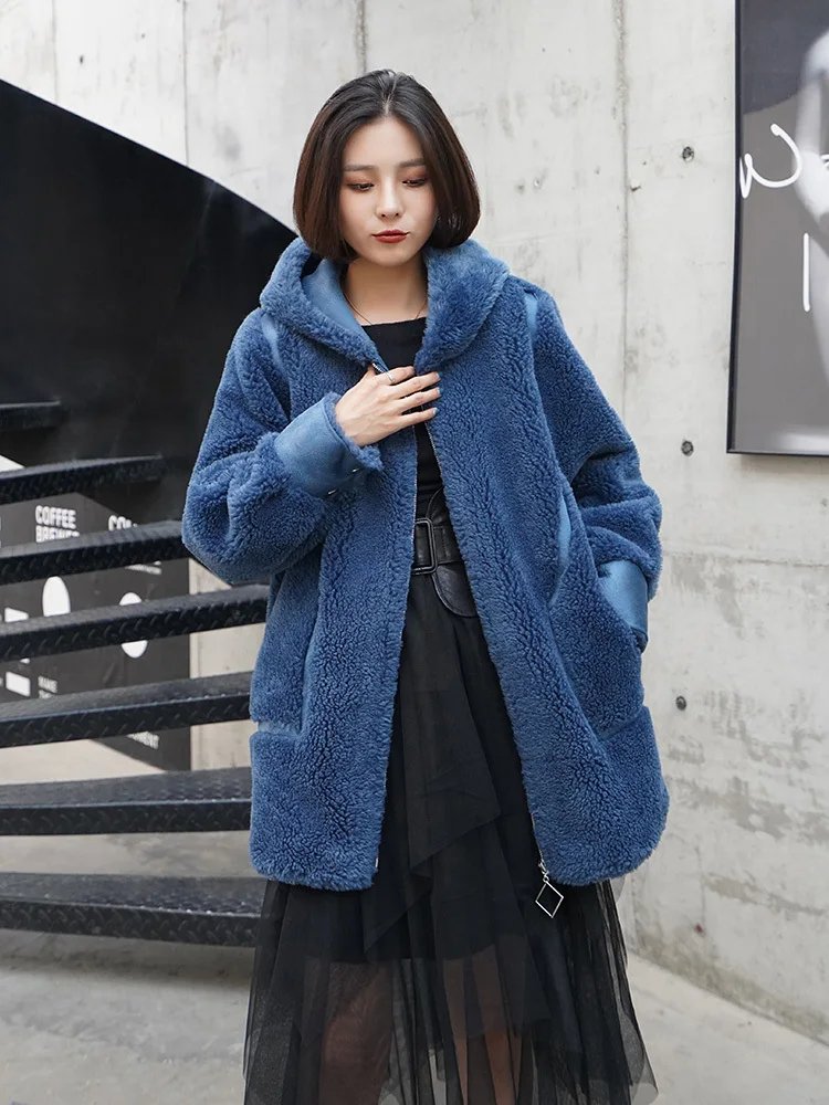 

Shearling Sheep Real Fur Coat Female Wool Coats Winter Jacket Women Hooded Long Jackets for Women Suede Lining MY4188 s s