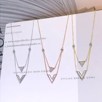 

Charms Sterling Silver 925 Original Luxury Double V Pendant Necklace Women Stylish Cross Chain Fine Craftsmanship Jewelry Zircon