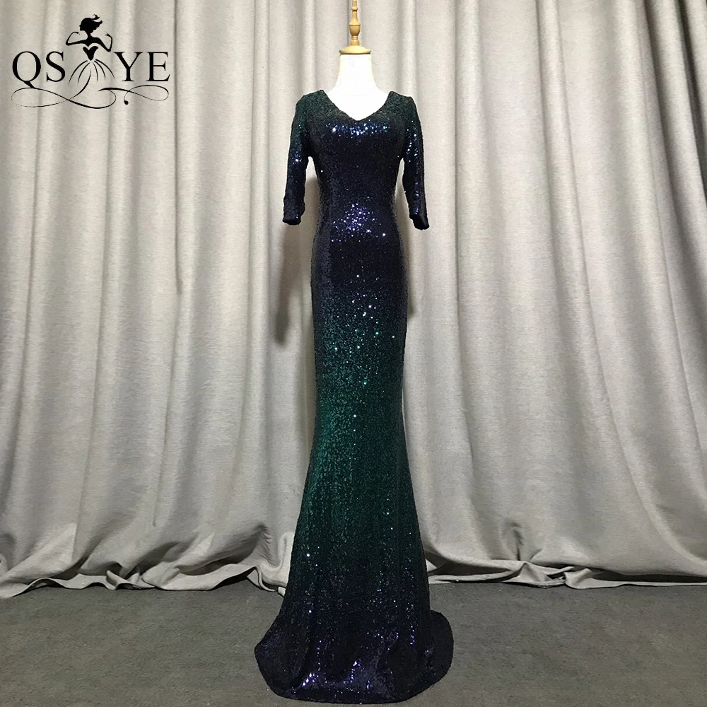 

Fading Green Evening Dresses Long Sleeves Evening Gown Mermaid V Neck Party Dress Glitter Sequin Emerald Formal Prom Dress