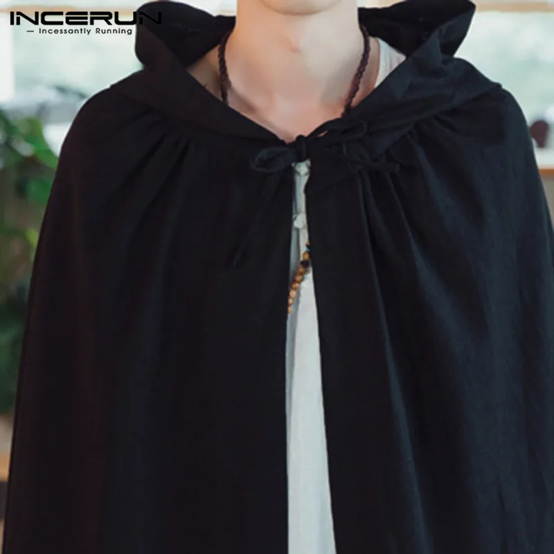 INCERUN Vintage Men Cloak Cape Long Outerwear Hooded Cotton Solid Fashion Jakcets Loose Men Trench Coat Men Cosplay Costume