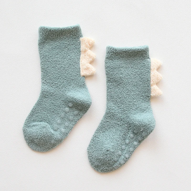 green Baby Kids Coral Fleece Dinosaur Socks Winter Soft Warm Socks for Children 1-3 Years Boys Girls Thickening Non-slip Floor Socks - Цвет: green