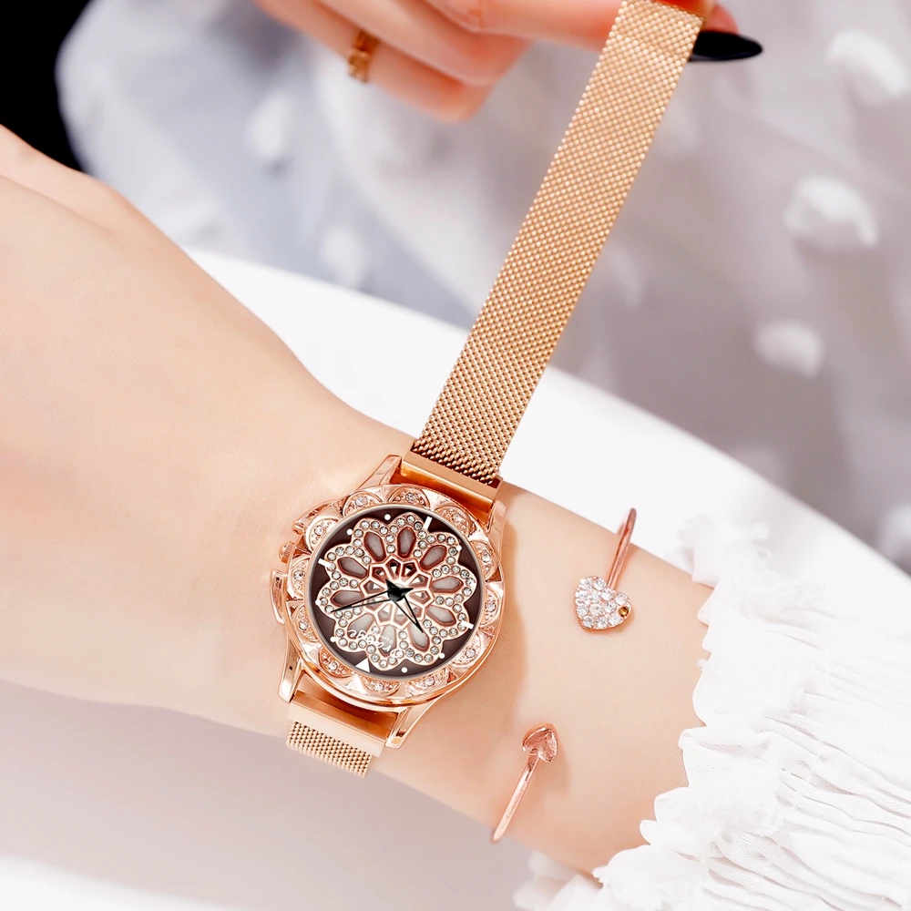 602-ROSE GOLD FLOWER Оранжевый бренд Топ класса люкс Япония MIYOTA Кварцевые 360 ° вращающиеся лепестки женские Часы Дамские подарки нержавеющая сталь водонепроницаемые часы - Цвет: 602-ROSE GOLD FLOWER