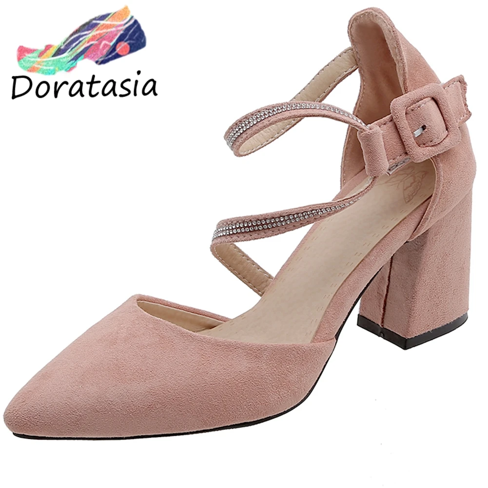 

DORATASIA New Fashion Girl Summer Pointed Toe Flock Buckle Strap Office Casual Sandals Sandals Women High Heels Shoes Woman