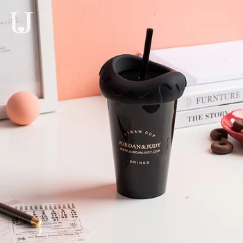 

J&J Double-layer Straw Cup Coffee Juice Milk Cup Portable Heat-Resistant Cold-Resistant Cute Ice Cream Design Juice Coffee Cup