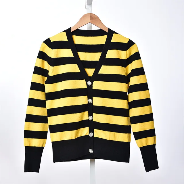 Merino wool Women Sweater New V-neck Black /Yellow Striped Button Sweater  Top - AliExpress Women's Clothing