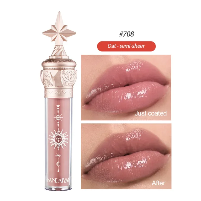 Plumper Lip Gloss Shimmer Lips Makeup Waterproof Glossy Mirror Lip Tint Cosmetic Moisturizing Long Lasting Nude Liquid Lipstick 708