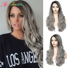 

X-TRESS Ombre Gray Synthetic Lace Front Wigs Dark Roots Long Wave Silver Grey Side Part Lace Wig for Black Women Heat Resistant