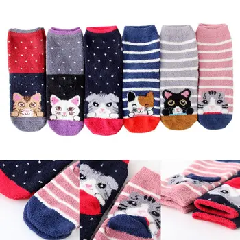 

6 Pairs Japanese Women Winter Thick Warm Fuzzy Slipper Socks Cute Cartoon Stripes Printed Coral Velvet Thermal Hosiery Gifts