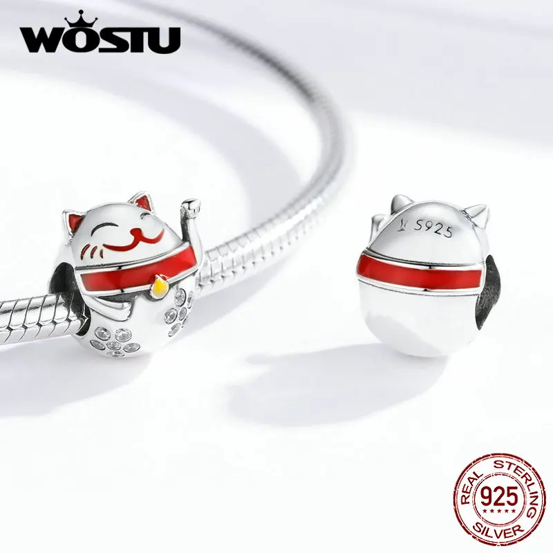 WOSTU 925 пробы, серебряные бусины Maneki Neko, циркон, милый кот, талисманы, подходят к оригинальному браслету, подвеске для женщин, ювелирные изделия CQC1374