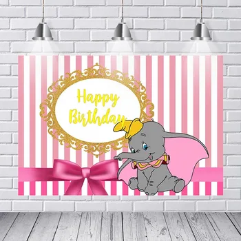 

Background Photography Happy Birthday Party Frame Cute Dumbo Elephant Pink White Stripes Custom Photo Backdrop Background Vinyl