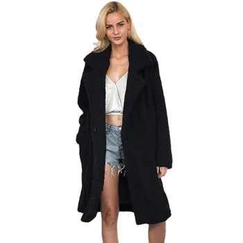 

New Fur Midi-Length Coat Winter Women Covered Button Warm Coats Turn-down Solid Color Lapel Fluffy Fur Loose Outerwear