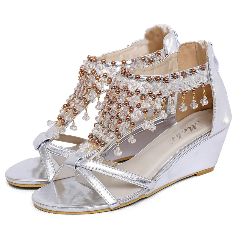 

Moby Mobi2019 New Style Shiny Pendant Europe And America WOMEN'S Shoes Summer Rome Beaded Bracelet Semi-high Heeled Ethnic-Style