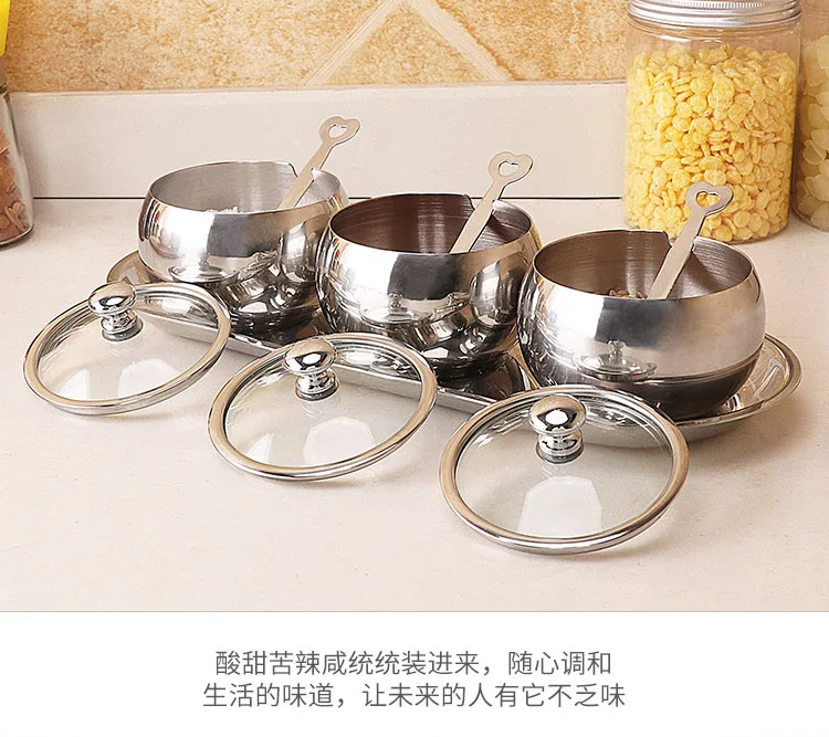 304 Stainless Steel Seasoning Containers with Spoon Tray Four-piece Set-Visual Transparent Tempered Glass Cover Seasoning Contai