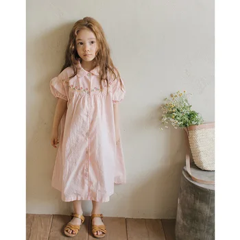 

Embroidery Small Flower Shirt Dresses for Kids Baby Girl Small Fresh Girls Single-breasted Blouses Dress Sweet Baby Clothes