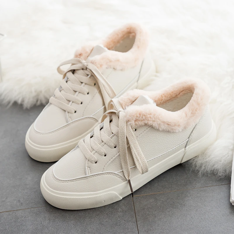 PU women's winter sneakers lace up women's warm sneakers with fur Round winter sneakers women plush winter warm sneakers woman - Цвет: Бежевый