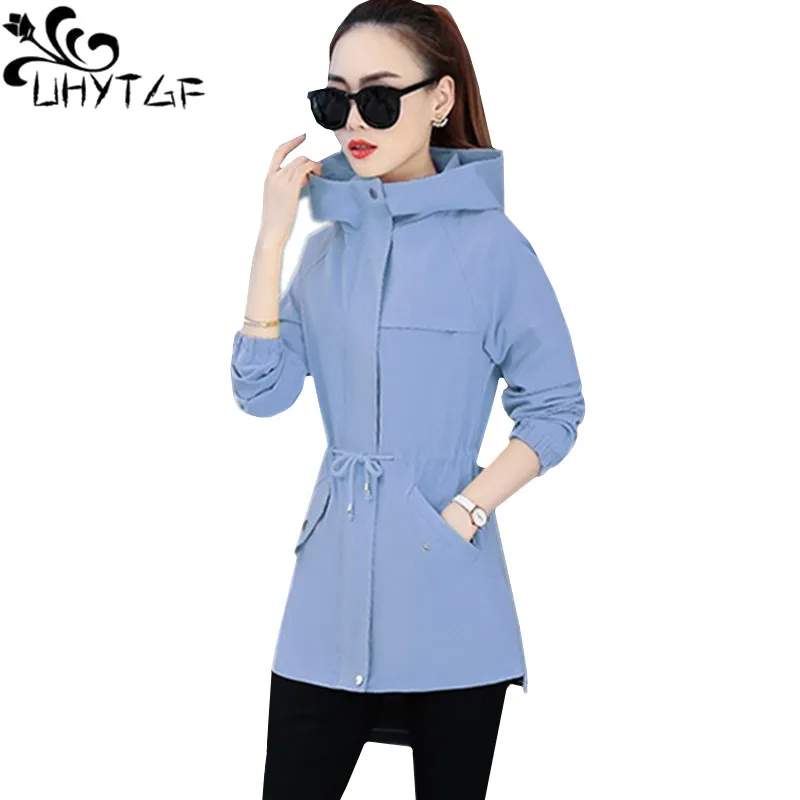 

UHYTGF trench coat for women Mid-length casual spring autumn Windbreaker female fashion hooded zipper loose big size coats 1478