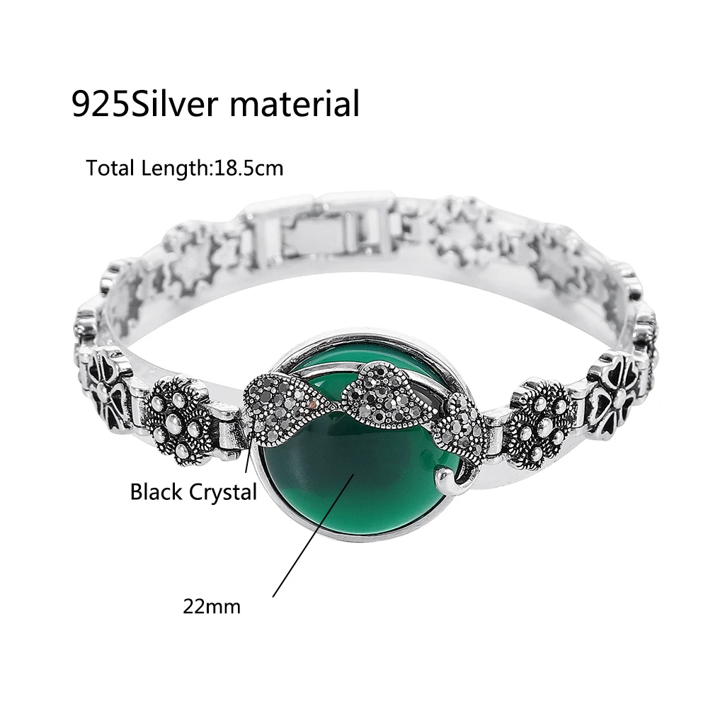 F Natural Oval Red Blue Green Stone Vintage Black Crystal Flower Thai Silver Bracelet Real 925 Sterling Silver Jewelry for Women - Окраска металла: F