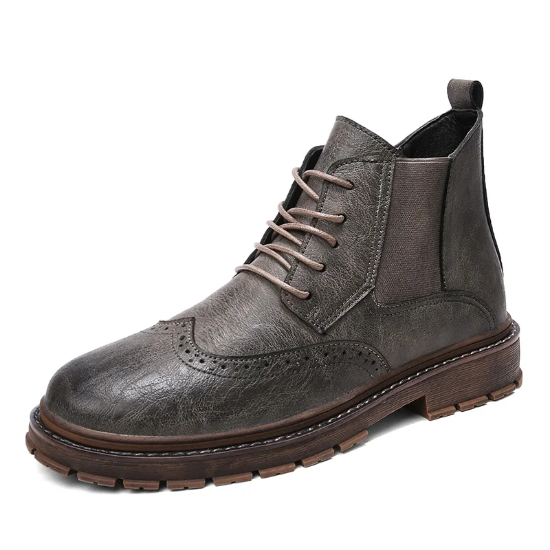 ADBOOV Round Toe Boots For Men High Top Outdoor Platform Men Shoes Leather Rubber Sole Hiking Climbing Motocross Boots - Цвет: grey