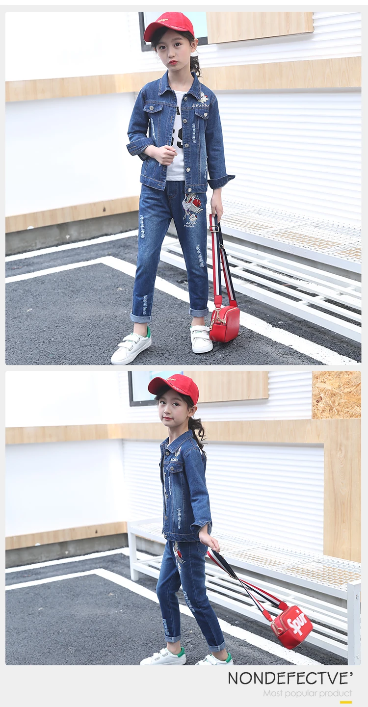 Autumn Girls Denim Pants Embroidered Crane Outfits Girls Autumn Spring 3Pcs Denim Jacket + Jeans Clothing Set