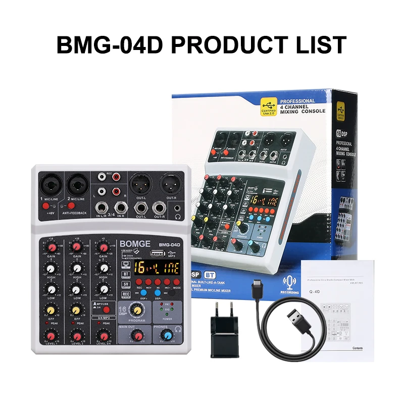 4 Channels Audio Sound Mixer Mixing DJ Console USB with 48V Phantom Power 16 DSP Effects