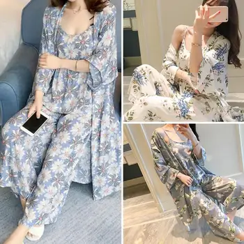 

3 Pieces Sleepwear Lounge set Women Floral Print Long Sleeve Cardigan Vest Long Pants Sleepwear Pajamas Set Robe Gown Sets