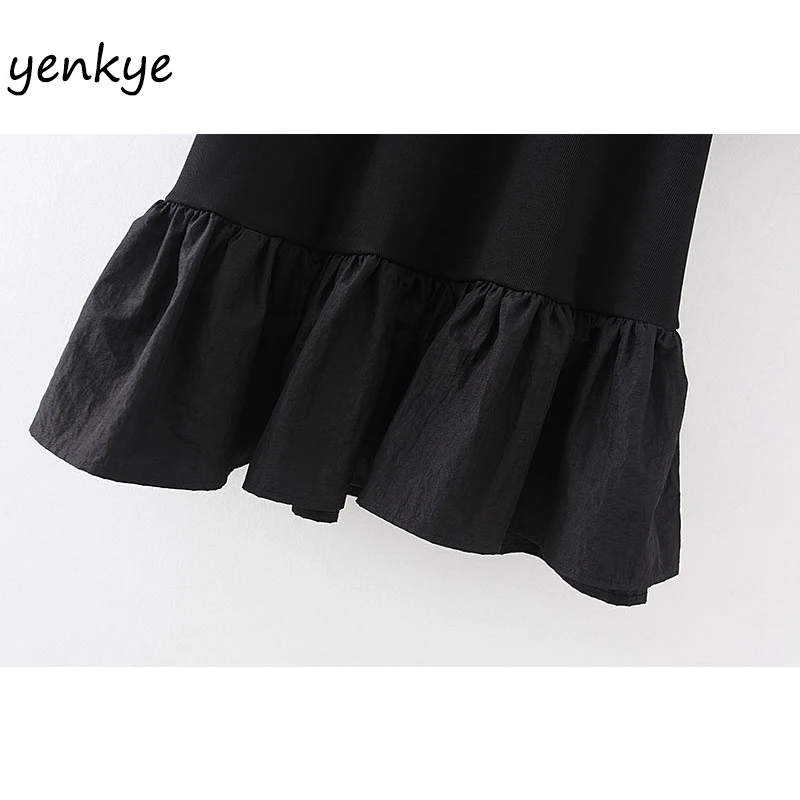 Женское винтажное черное лоскутное трикотажное платье, женское мини-платье трапециевидной формы с высоким воротом и рукавами-фонариками, короткое XZWM19205