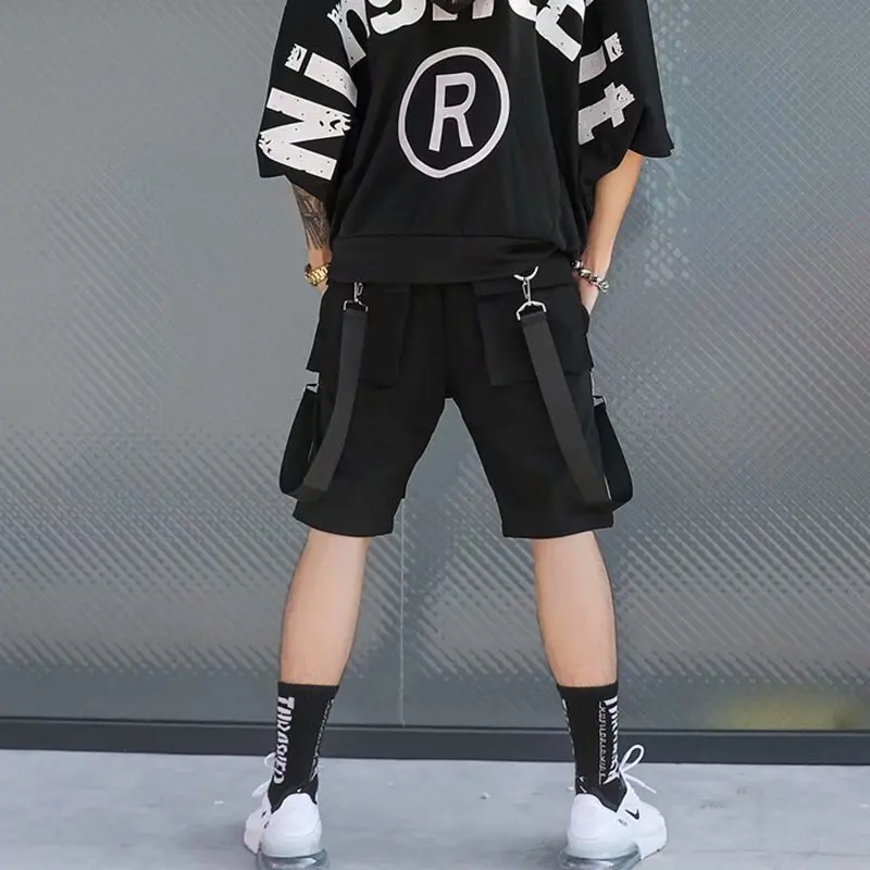 Techwear-여름 남성 반바지, 일본 하라주쿠 패션 힙합 펑크 스트리트 웨어 카고 반바지 남성 조깅 리본 헐렁한 옷