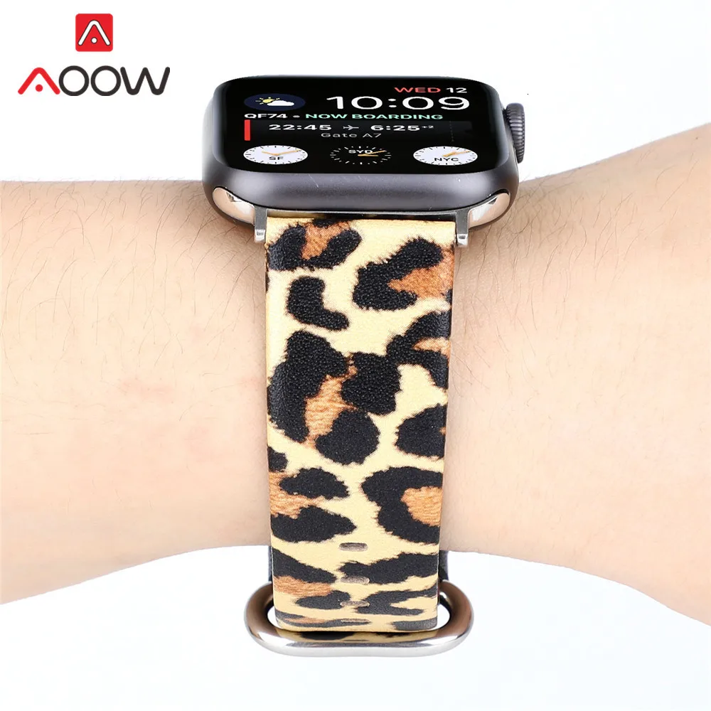 Пояса из натуральной кожи ремешок для Apple Watch 38 мм 42 модная леопардная Печать 40 44 Замена iwatch 1 2 3 4