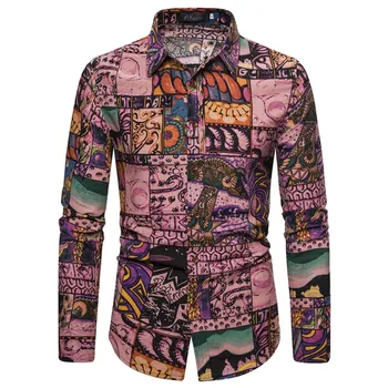 

Men Splicing Print Business Leisure Retro Shirt Top Blouse Long Sleeve camisa masculina camisas hombre plus size hawaiian shirts