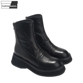 

Autumn Thick Bottom Ankle Boots British Increase Platform Zipper Classic Black Genuine Leather Shoes Winter Fleece Short Boots