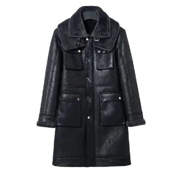 

2020 Winter Jacket Men New Men's Solid-color Double Collar Multi-pocket Slim Fleece Warm Medium Length Men's Leather Jacket