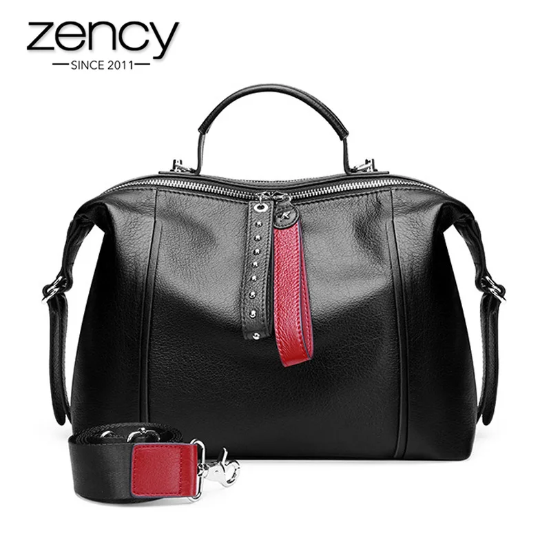 Najtaniej Zency 100% prawdziwej skóry klasyczne czarne torebki damskie moda brytyjska torba Boston Casual Tote Lady torba na ramię nity