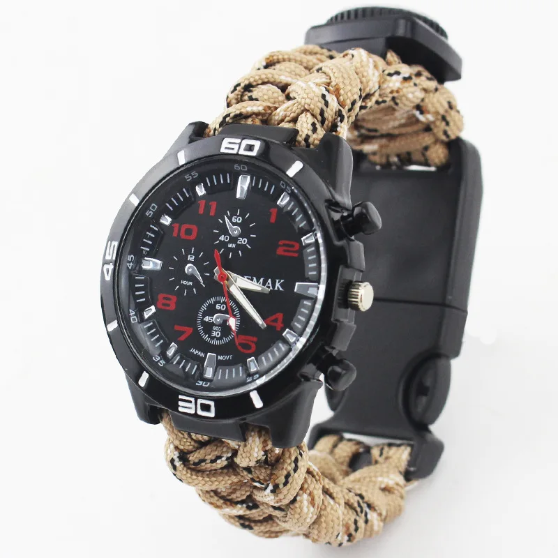 

Outdoor Multi-functional Umbrella Rope Weaving Camping Survival Watch Band Thermometer Compass da huo bang Whistle Nylon Rope