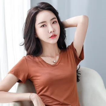 

Women's V-neck T-shirts Plus Size Tops Casual Summer Thin Modal tshirts Basic Tops camiseta mujer Black Blue elasticity Tees