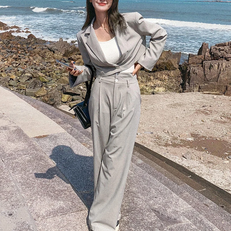 FORYUNSHES 2 Pieces Set Women Blazers Suits 2020 Autumn Korean Style Solid Chic Short Blazer + Suit Pant Female Casual Suits