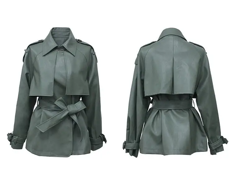 Осенне-зимняя женская куртка из искусственной кожи, пальто с отворотом, длинный рукав, карман, пояс-бандаж, свободная индивидуальная кожаная куртка, Женское пальто