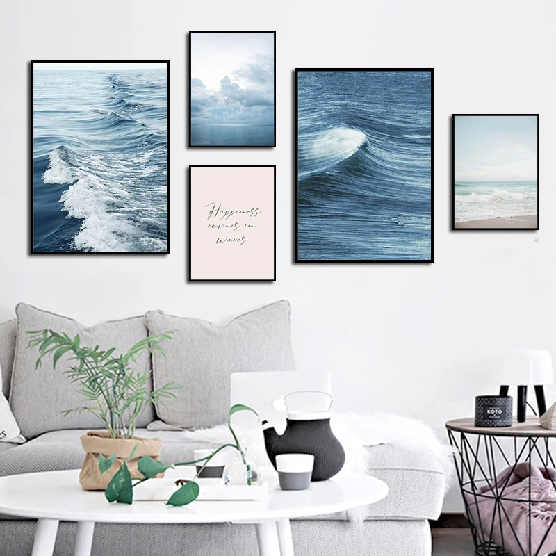 Wall Art Canvas Painting Blue Modern Natural Waves Beach Picture Home Decoration for LivingRoom Bedroom Decorative Poster | Дом и сад