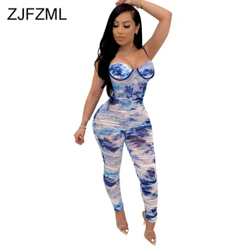 

Spaghetti Strap Sexy One Piece Bodysuit Women Sheer Mesh Tie Dyeing Ruched Jumpsuit Vintage High Waist Open Back Bodycon Rompers
