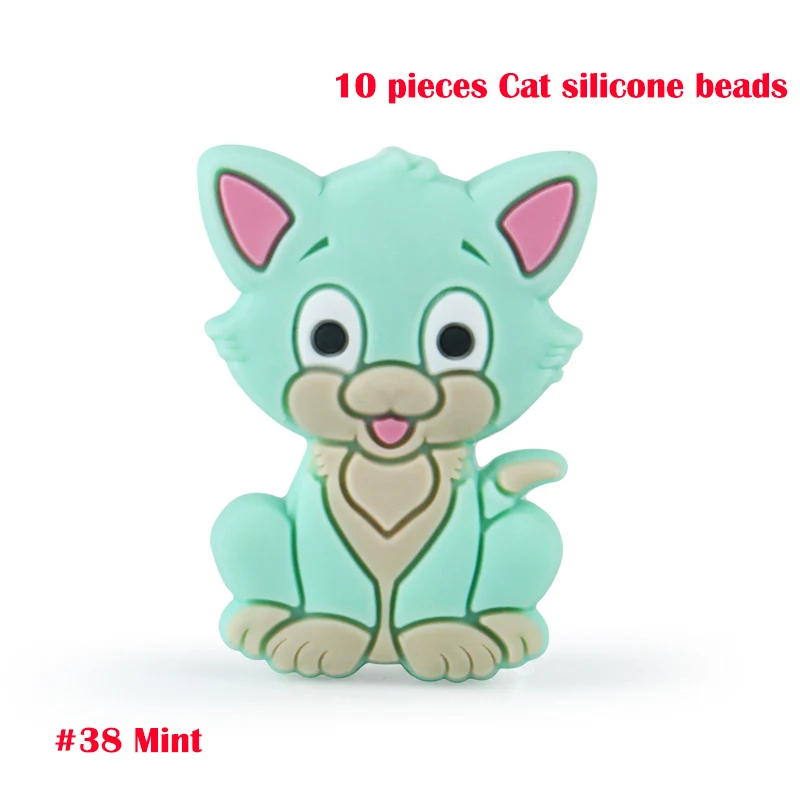 Cat 38-10pcs Keep&Grow 10pcs Cartoon Dog Cat silicone beads Baby Teether DIY Toy Necklace Pendant Rodent Pacifier Chain children's products - Цвет: Cat 38-10pcs