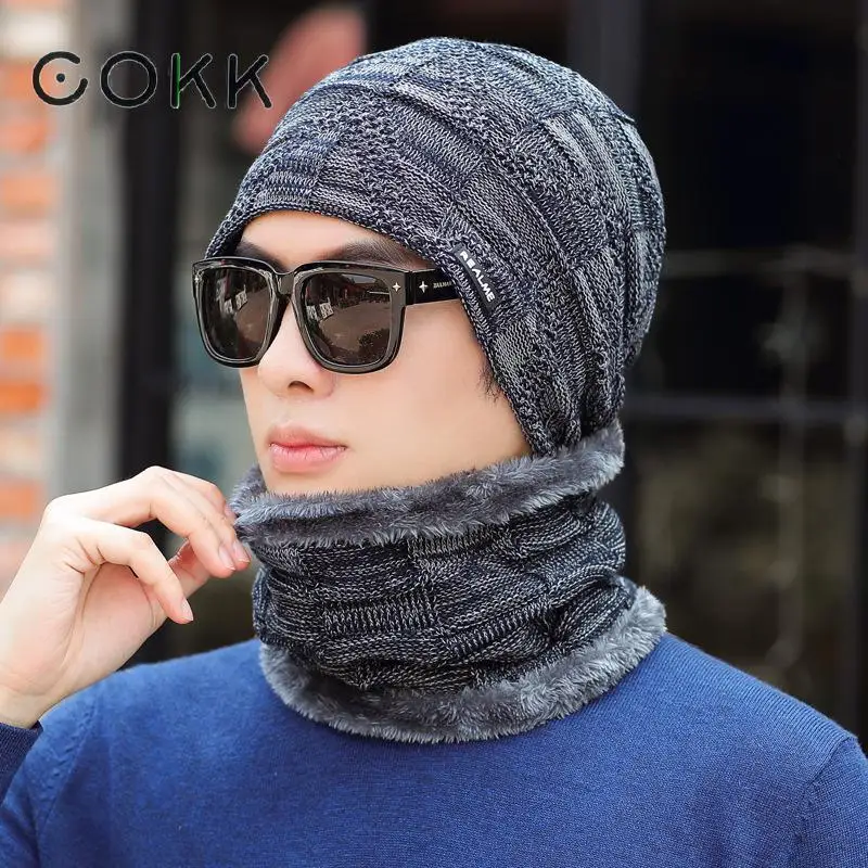

COKK Knitted Hat With Scarf Ear Protector Cold Proof Men Winter Cap Velvet Thickening Set Motorcycle Windproof Hat Scarf Man New