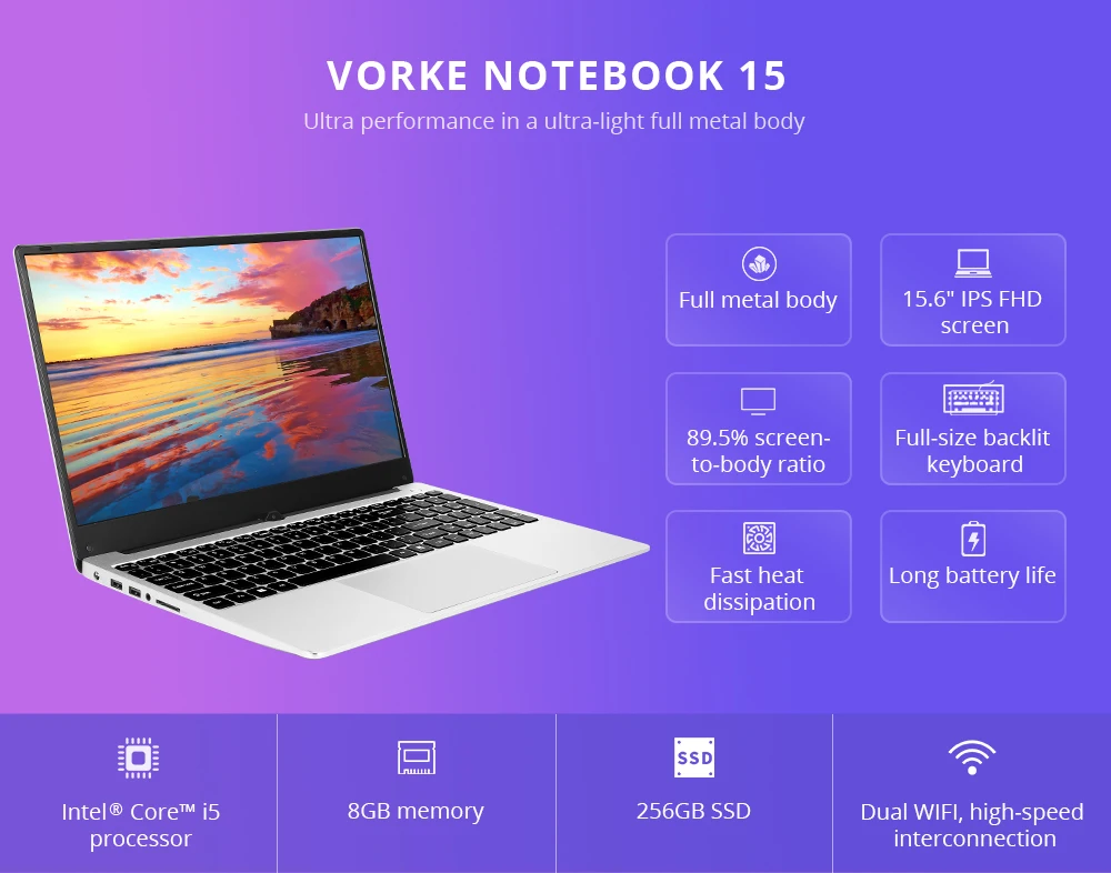 VORKE Notebook 15 4G Laptop Intel Core i5-8250U 15.6'' Screen 19201080 Windows 10 8GB DDR4 256GB SSD (1)