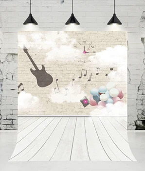 

VinylBDS Brick Wall Guitar Music Clock Balloons Photography Backdrops Wooden Floor Photo Studio Newborn Baby Background for Kids